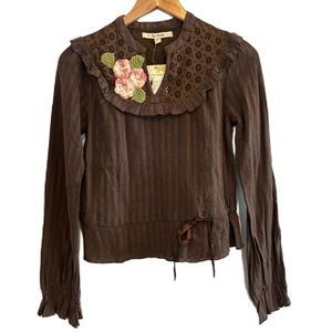 Free People Brown Cottage-core Boho Crochet Long sleeve Top Size 4